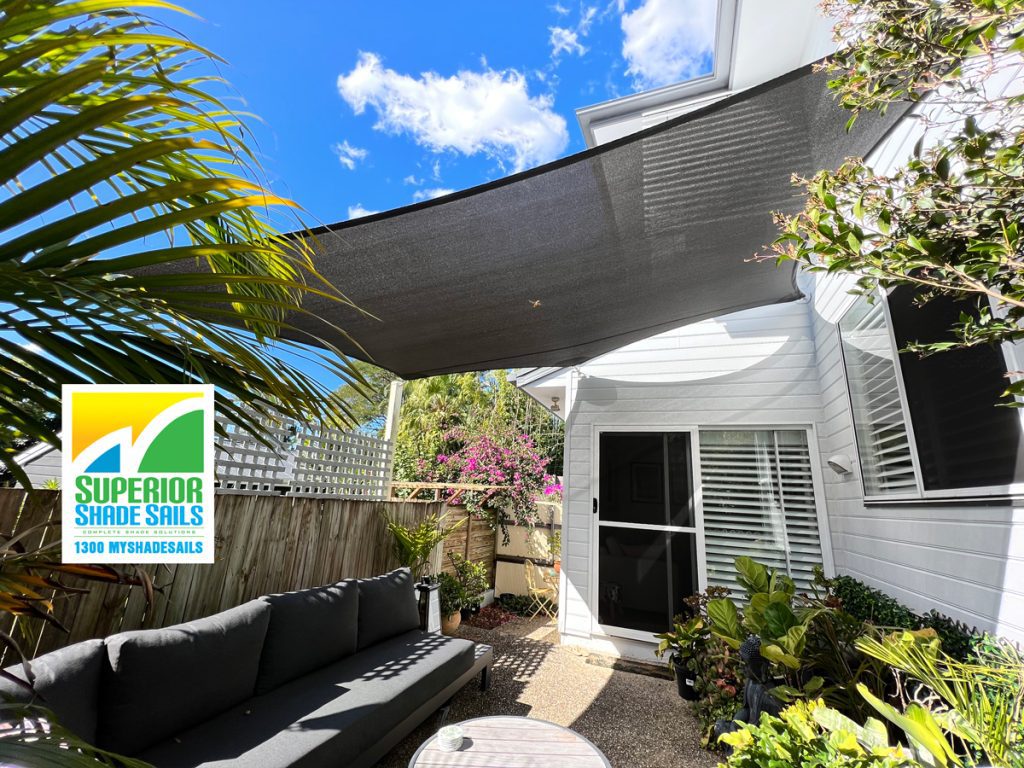 This subtropical courtyard shade sail fabric is Extrablock which for high UV protection, is flame retardant and dimensionally stable.